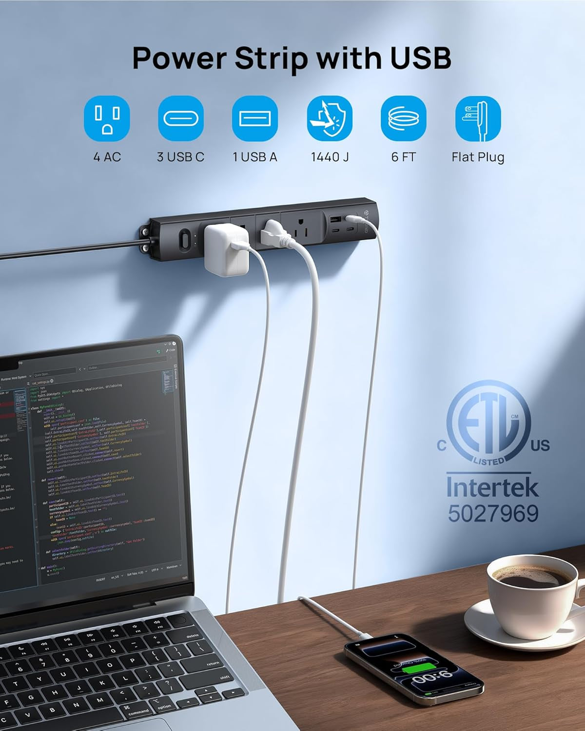 Wall Mount Surge Protector Power Strip with USB C Ports, ETL Listed